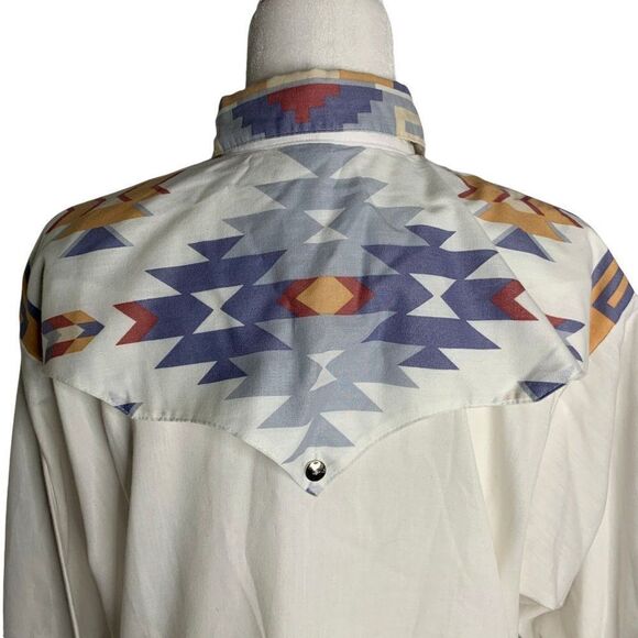Vintage Roughrider Western Shirt M White Aztec Button Long Sleeve One Point Yoke - Picture 2 of 8